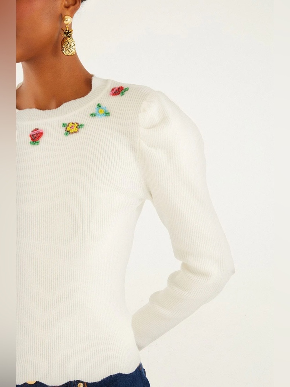 NWT FARM RIO Beaded Floral Off White Flower Embroidered Knit Top Blouse Small